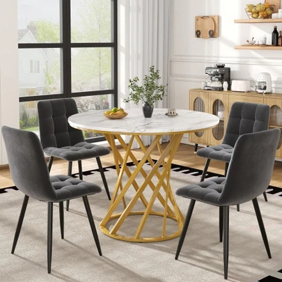 Table And Chair Set (5 Pieces), Including A Dining Table With 4 Chairs, Table And Chair Set For Modern Kitchen, Round Table 80 Cm In Diameter, Gold Metal Legs, Medium Density White Plywood Top, Dark Grey Velvet Dining Chairs.