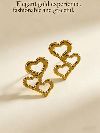 Golden Elegant Earrings Stainless Steel Heart Design Multi-Element Style Elegant Aesthetic Hypoallergenic Stainless Steel Studs Perfect Gift For Besties