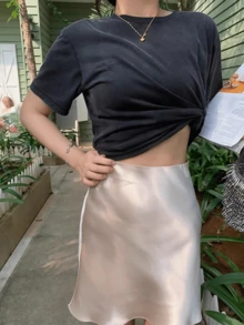 1pc Plain Color Casual, Holiday, Evening Date Taffeta Mini Skirt, Spring/Summer New Arrival - Apricot - View 4