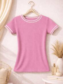 Women's Basic Short-Sleeve Blouse In Plain Ribbed Fabric With Round Neck And Neck And Sleeve Details - 淺粉色 - 查看 1