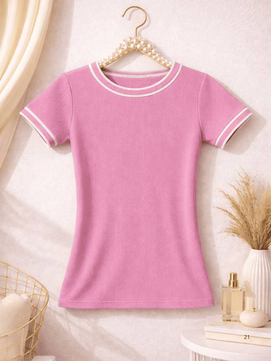 Women's Basic Short-Sleeve Blouse In Plain Ribbed Fabric With Round Neck And Neck And Sleeve Details - 淺粉色 - 查看 1