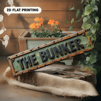 Placa de pared de metal vintage de estilo país, plana y grande - Placa de hierro con texto "THE BUNKER" en verde y cobre envejecido, 10x40cm - Decoración para cueva, hogar, bar, oficina - Fácil instalación con agujeros, sin necesidad de cableado, perfecta para decoración de habitaciones
