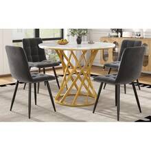 Table And Chair Set (5 Pieces), Including A Dining Table With 4 Chairs, Table And Chair Set For Modern Kitchen, Round Table 80 Cm In Diameter, Gold Metal Legs, Medium Density White Plywood Top, Dark Grey Velvet Dining Chairs. - Grey - View 3