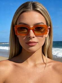 Orange Square Retro Fashion Glasses, Unisex Design Suitable For Vacation, Travel, Beach, Street Photography, Fashion Outfits, Casual Daily Wear - Orange - View 2