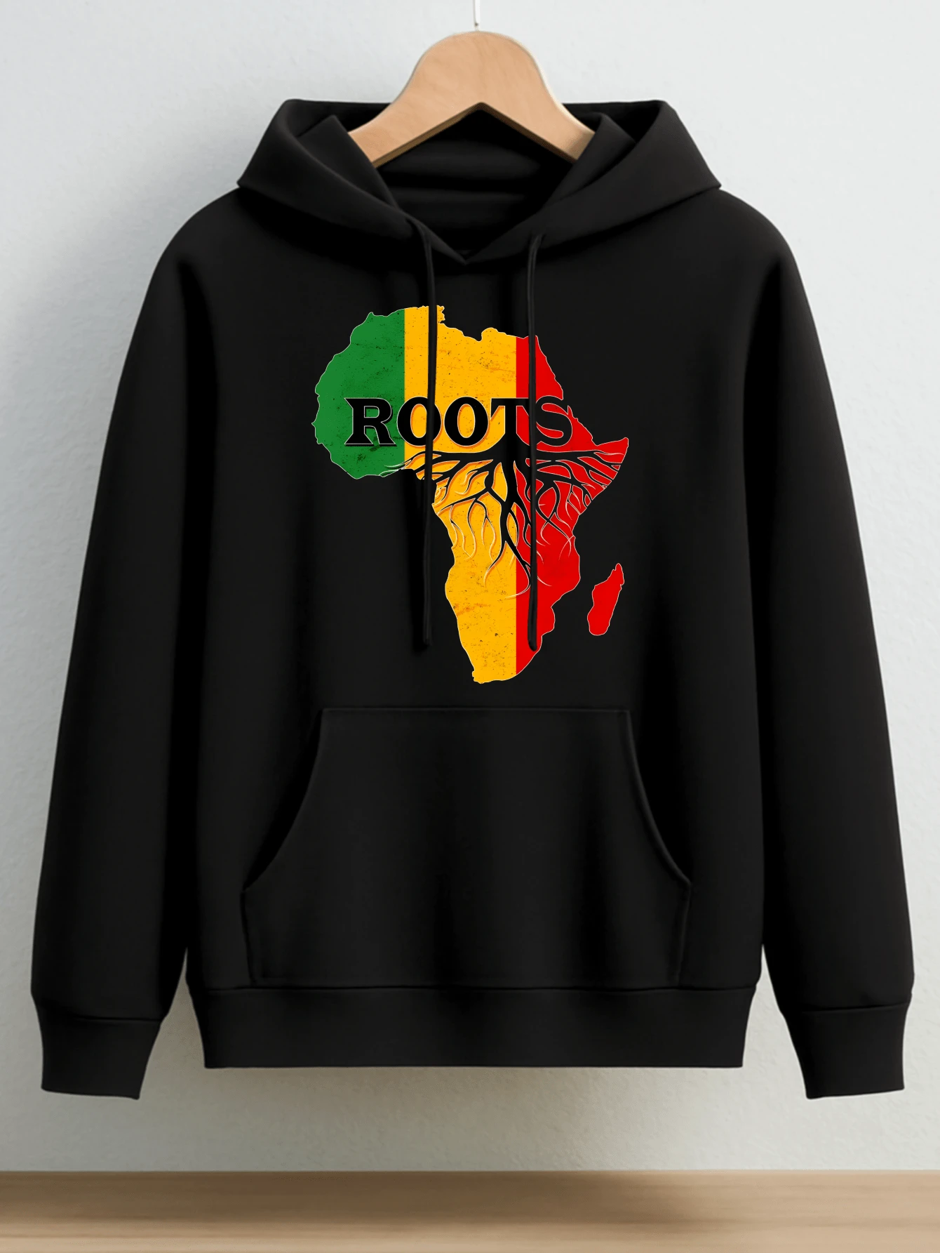 Sudadera con capucha para hombres de estilo deportivo casual y ajuste cómodo - Diseño con mapa de África, colores y patrón de árbol - Perfecto para usar en otoño e invierno, ropa urbana unisex para salidas diarias, entrenamientos y actividades de ocio - Negro - Ver 1