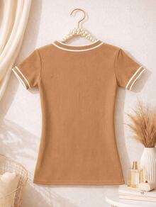 Women's Basic Short-Sleeve Blouse In Plain Ribbed Fabric With Round Neck And Neck And Sleeve Details - Beige - View 2