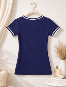 Women's Basic Short-Sleeve Blouse In Plain Ribbed Fabric With Round Neck And Neck And Sleeve Details - Navy Blue - View 2