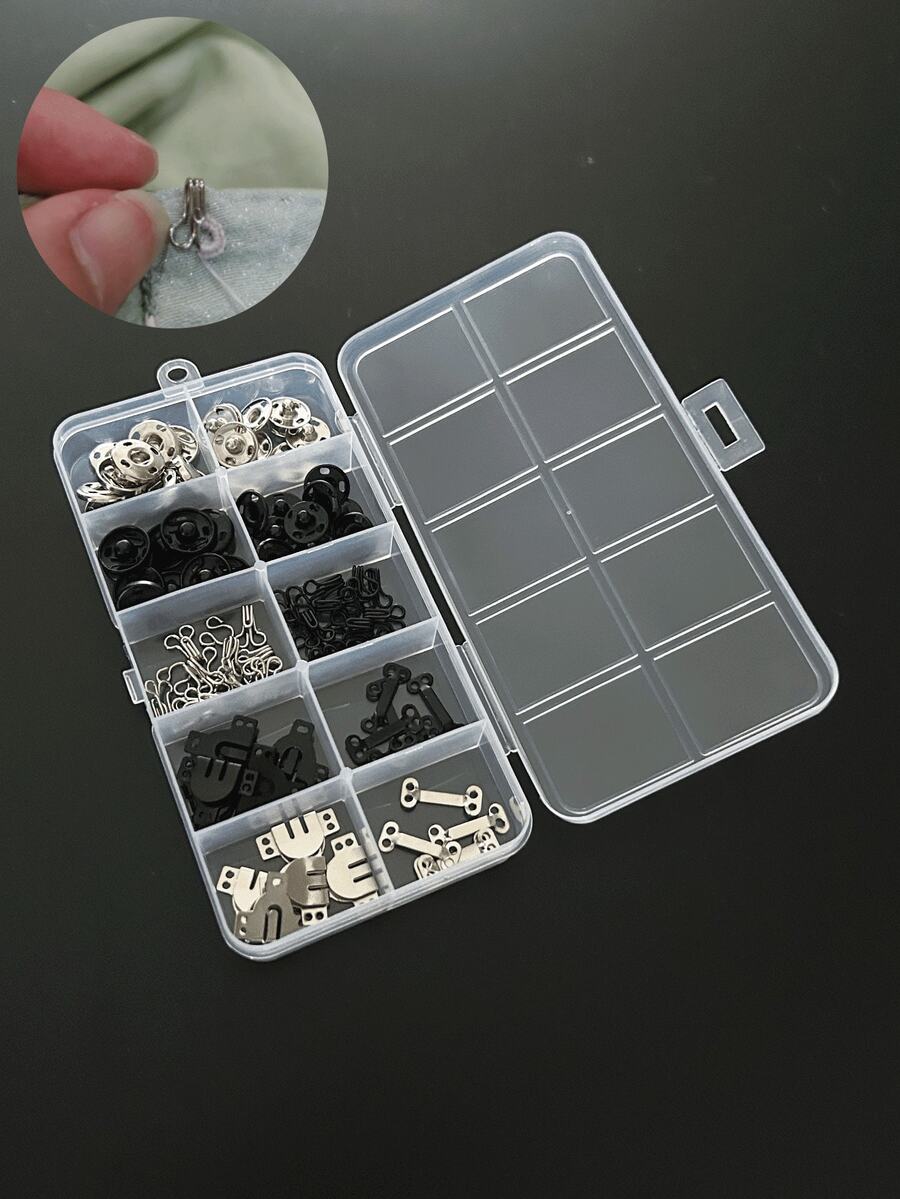 50件套缝纫钩眼扣套装，3种款式裙子钩眼扣配件包，金色扣件，适用于裙子、胸罩、裤子、连衣裙、缝纫、DIY工艺品铆钉套装 - 暗扣盒裝 - 查看 1