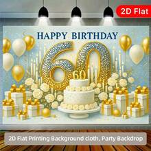 1pc 60th Birthday Party Theme Backdrop Banner With Three Tier White Cake, Roses And Candles, Gift Box Design, Suitable For Party Decoration, Holiday Decoration, Wedding, Birthday, Anniversary Decoration, Patio, Garden, Living Room Decoration - A - View 2