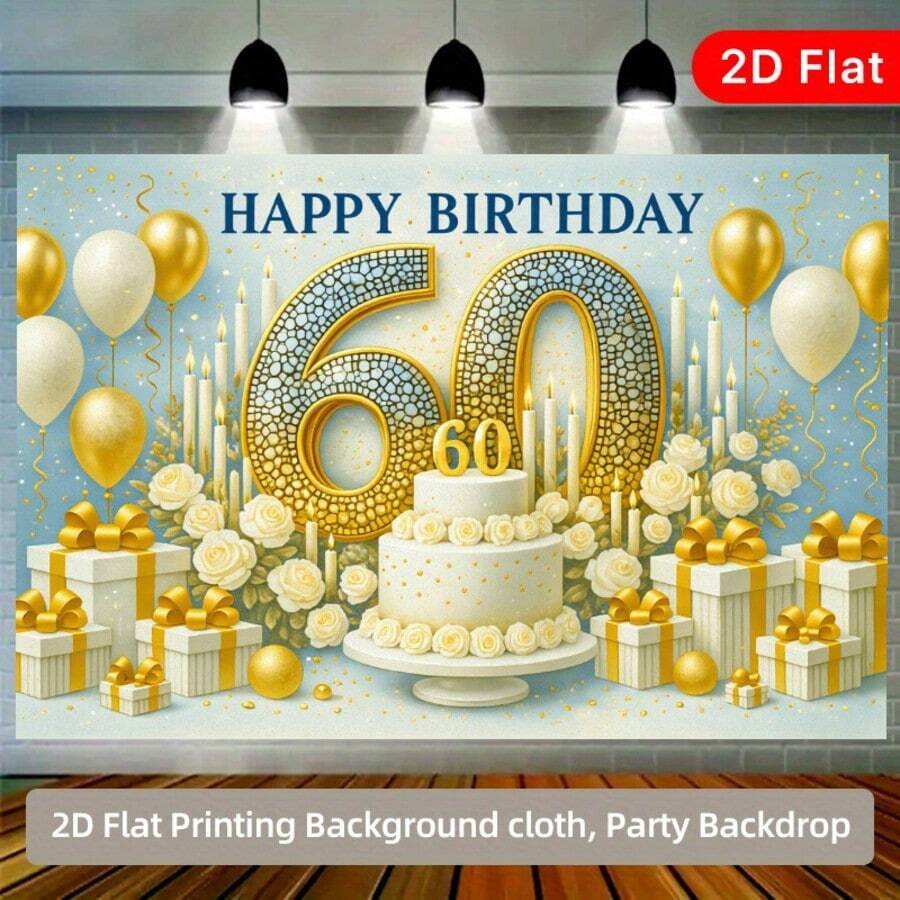 1pc 60th Birthday Party Theme Backdrop Banner With Three Tier White Cake, Roses And Candles, Gift Box Design, Suitable For Party Decoration, Holiday Decoration, Wedding, Birthday, Anniversary Decoration, Patio, Garden, Living Room Decoration