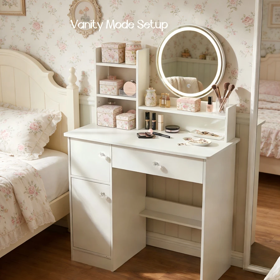 Tocador con espejo y luz, tocador de maquillaje con cajones y estantes de almacenamiento, tocador con gabinete, adecuado para adolescentes y adultos, conjunto de tocador mini para el dormitorio. - Blanco - Ver 1