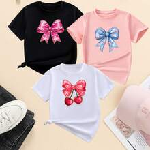 Set de 3 camisetas cortas de mujer de ajuste ceñido, de manga corta, cuello redondo, con estampado minimalista casual, aptas para el verano, con estampados de corazones y amor, moños - Blanco - Ver 2