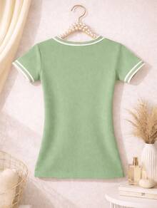 Women's Basic Short-Sleeve Blouse In Plain Ribbed Fabric With Round Neck And Neck And Sleeve Details - Baby Green - View 2