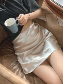 1pc Plain Color Casual, Holiday, Evening Date Taffeta Mini Skirt, Spring/Summer New Arrival - Apricot - View 3