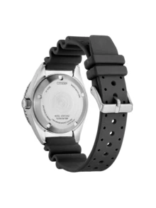 CITIZEN Reloj de pulsera elegante y práctico, con las siguientes características: Caja de acero inoxidable (acabado mate), bisel giratorio de buceo de cerámica azul (marcas luminosas), esfera (con manecillas luminosas, indicador de fecha y sincronización de hora atómica), correa de goma negra - Azul - Ver 2