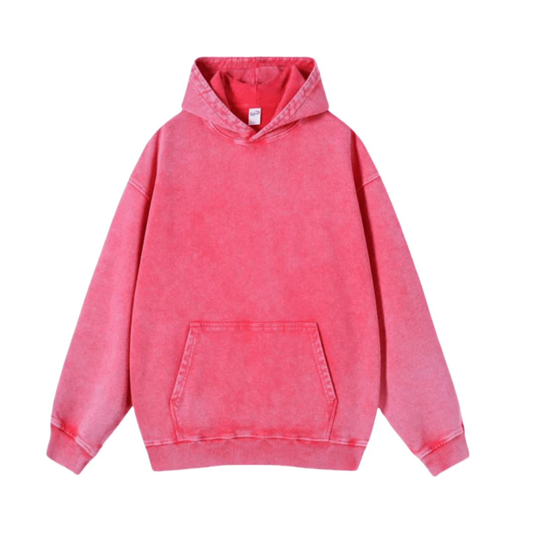 Women's Oversized Unisex Retro Acid-Wash Hooded Sweatshirt - Heavy-Duty Couple Matching Streetwear Pullover With Pocket, X-Line Fit (Plus Size), All-Season Casual Hoodie For Men & Women - Christmas Gift - 玫瑰紅 - 查看 1