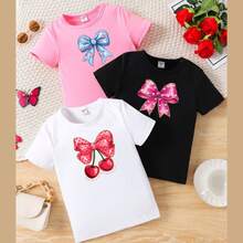 Set de 3 camisetas cortas de mujer de ajuste ceñido, de manga corta, cuello redondo, con estampado minimalista casual, aptas para el verano, con estampados de corazones y amor, moños - Blanco - Ver 1