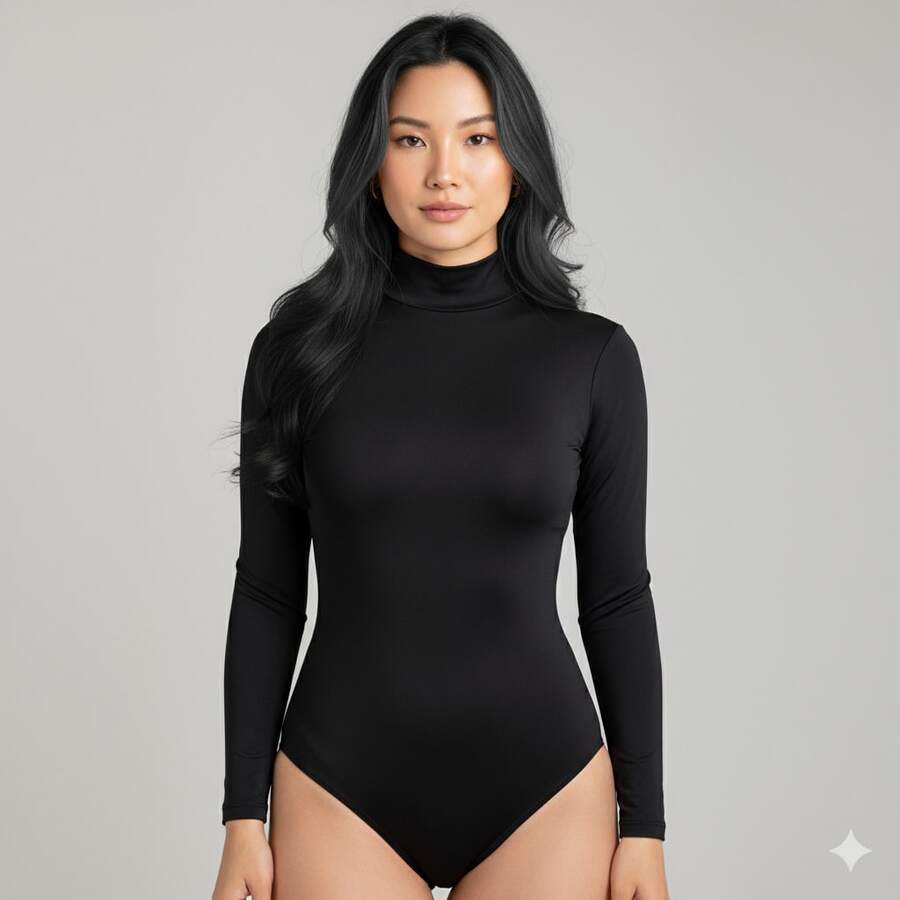Women's Basic Second Skin Bodysuit Set With High Neck And Long Sleeves - High Fashion Blogger Style - 1 Piece (Black) - View 1