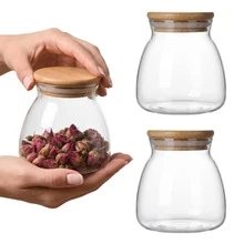 Kit 02 Potes De Vidro Com Tampa De Bambu 400ml 10cm De Diâmetro 10,5cm De Altura Vedação Com Anel De Silicone Para Armazenamento De Alimentos - Multicolorido - Visão 1