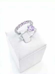 Set Of Two Solitaire Rings And A Lilac Rhinestone Band Set In Gold Plated Silver - 銀色 - 查看 2