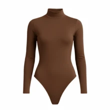 Women's Basic Second Skin Bodysuit Set With High Neck And Long Sleeves - High Fashion Blogger Style - 1 件(棕色) - 查看 5