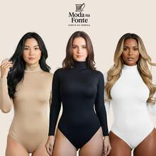 Women's Basic Second Skin Bodysuit Set With High Neck And Long Sleeves - High Fashion Blogger Style - 三件組(黑色+白色+裸色) - 查看 8