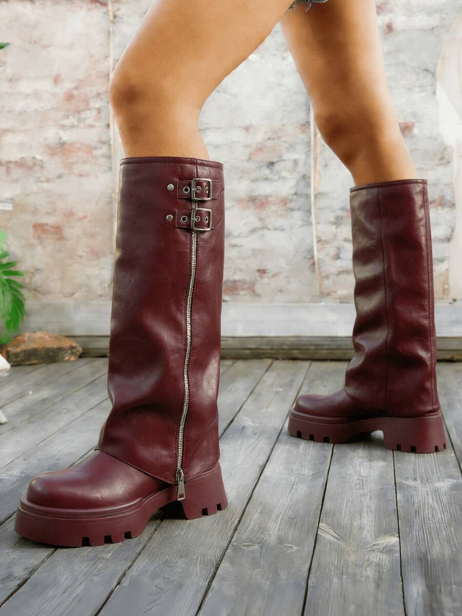 Knee High Boots For Women Round Toe Fold-Over Wide Calf Pull On Chunky Platform Boots With Side Zipper Fashion Y2k Punk Boots - Burgundy - View 1