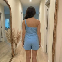 One-Strap Blouse With Adjuster And Formal Shorts Set - Azul - Ver 2