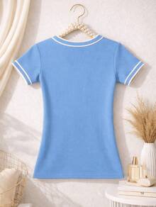 Women's Basic Short-Sleeve Blouse In Plain Ribbed Fabric With Round Neck And Neck And Sleeve Details - Celeste - Ver 2