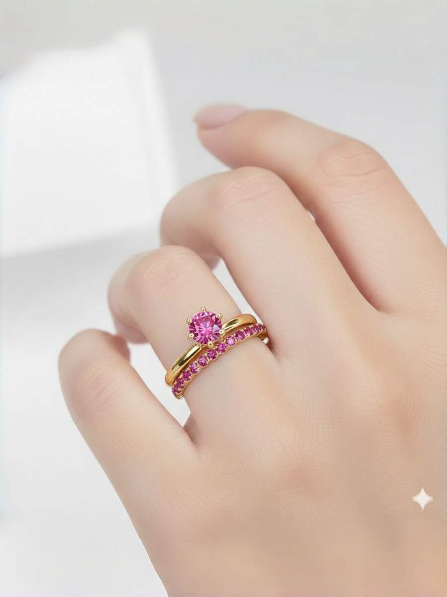 Luxury Women's Ring With Pink Cubic Zirconia, Gold Or Silver Plated - Vàng - Xem 1