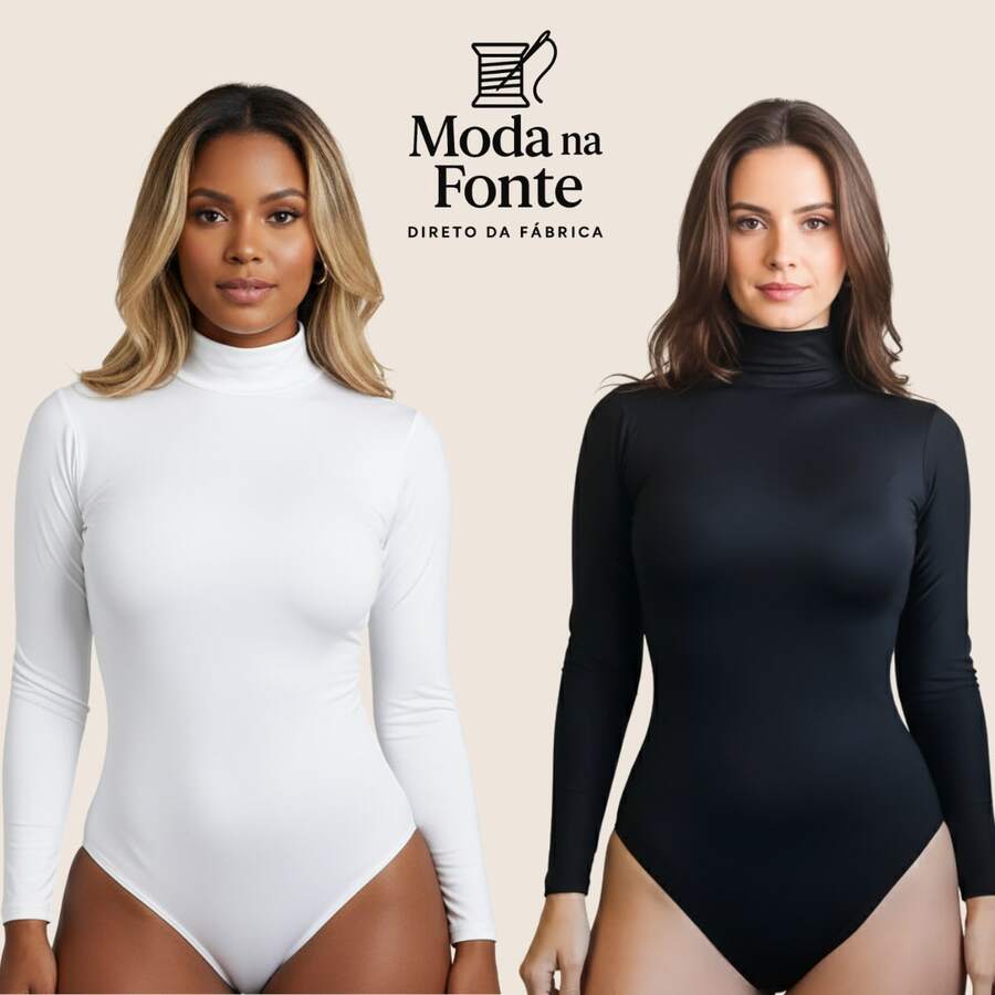 Women's Basic Second Skin Bodysuit Set With High Neck And Long Sleeves - High Fashion Blogger Style - 2-piece Kit (Black + White) - View 1