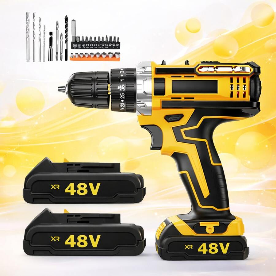 Cordless Impact Drill/Driver 48V With 2 Batteries For Wood, Metal, Plastic, Dual Voltage 127V/220V - 彩色 - 查看 1