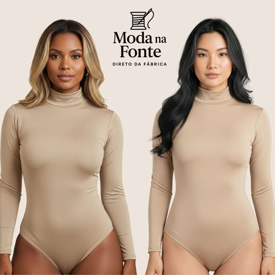 Women's Basic Second Skin Bodysuit Set With High Neck And Long Sleeves - High Fashion Blogger Style - 2-piece Set (Nude + Nude) - View 1