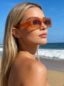Orange Square Retro Fashion Glasses, Unisex Design Suitable For Vacation, Travel, Beach, Street Photography, Fashion Outfits, Casual Daily Wear - Orange - View 1