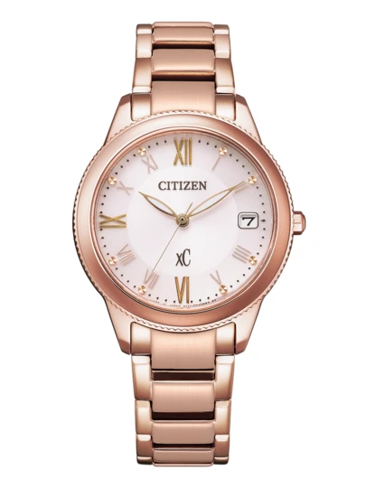 CITIZEN Rose Gold Ion-Plated Stainless Steel Case, Rose Gold Ion-Plated Textured Bezel, White Dial With 4 Roman Numerals And 3 O'clock Date Display, Rose Gold Ion-Plated Stainless Steel Bracelet, Mineral Glass Crystal, 34mm Case Diameter, 30M Water Resistance, -Drive Movement - EO1232-56W