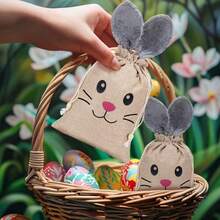 1/3/5pcs Linen Drawstring Bags, Rabbit Ear Fantasy Rabbit Design Easter Egg Gift Bags, Reusable And Practical - J-Multicolor - View 6