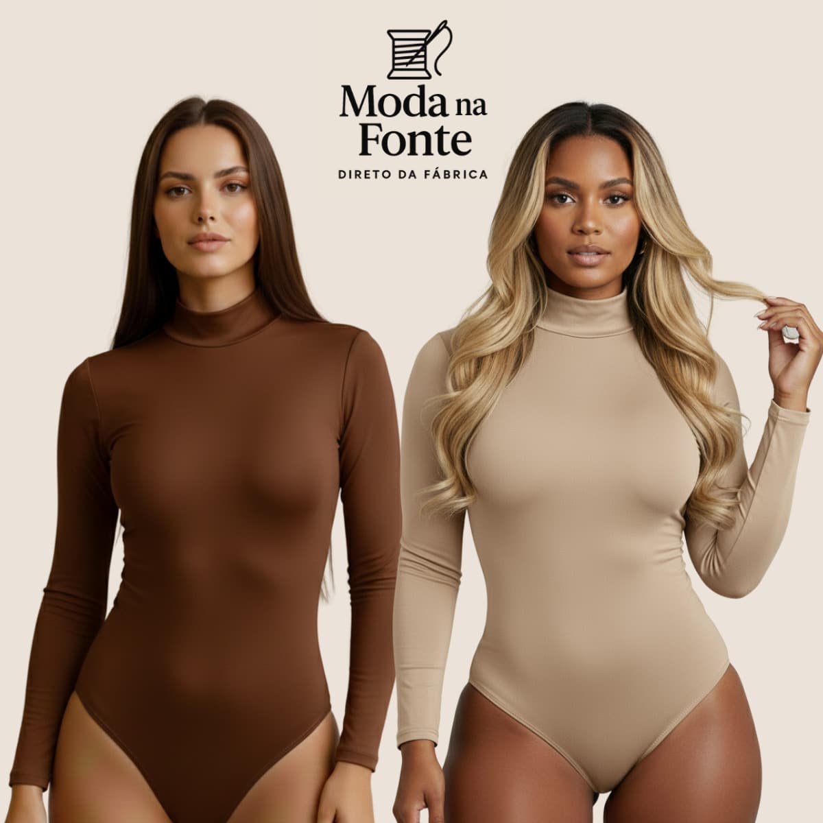 Women's Basic Second Skin Bodysuit Set With High Neck And Long Sleeves - High Fashion Blogger Style - 2-piece Set (Brown + Nude) - View 1