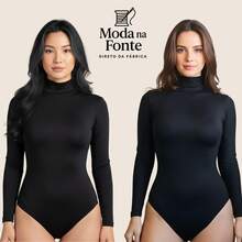 Kit Body Collant Feminino Segunda Pele Básico Gola Alta Manga Longa Em Alta Moda Blogueira - Kit 2 Peças (Preto + Preto) - Visão 8