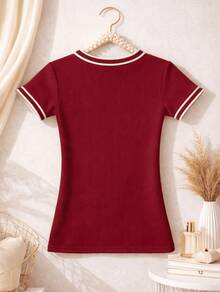 Women's Basic Short-Sleeve Blouse In Plain Ribbed Fabric With Round Neck And Neck And Sleeve Details - Burgundy - View 2