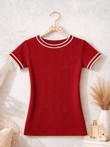 Women's Basic Short-Sleeve Blouse In Plain Ribbed Fabric With Round Neck And Neck And Sleeve Details - Red - View 4