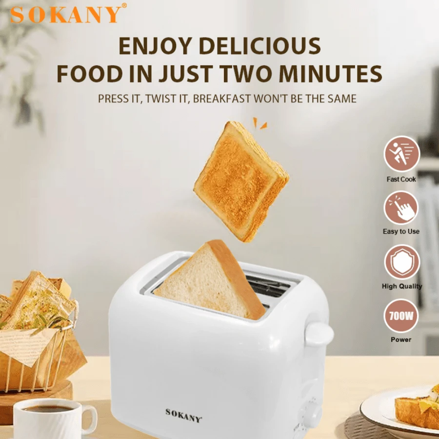 SOKANY 022 家用早餐烤面包机,全自动双片面包机,700瓦大功率,6档烘烤程度,30毫米宽双槽,304不锈钢内胆,高温烘焙无异味,健康环保,是家用面包机、早餐机和烤面包机的理想之选。 - 白色 - 查看 1
