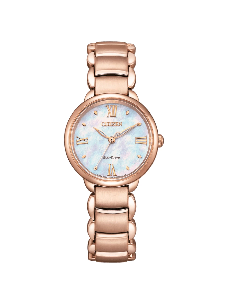 CITIZEN 34mm Rose Gold Ion-Plated Stainless Steel Case, Rose Gold Ion-Plated Bezel, Light Blue Mother-Of-Pearl Dial With 4 Roman Numerals, Rose Gold Ion-Plated Stainless Steel Bracelet, Mineral Glass Crystal, 30M Water Resistant, Solar Powered Movement - EM0928-84D - White - View 1