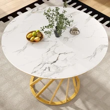 Table And Chair Set (5 Pieces), Including A Dining Table With 4 Chairs, Table And Chair Set For Modern Kitchen, Round Table 80 Cm In Diameter, Gold Metal Legs, Medium Density White Plywood Top, Dark Grey Velvet Dining Chairs. - Grey - View 2