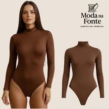 Women's Basic Second Skin Bodysuit Set With High Neck And Long Sleeves - High Fashion Blogger Style - 1 件(棕色) - 查看 4