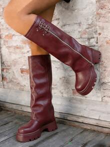 Knee High Boots For Women Round Toe Fold-Over Wide Calf Pull On Chunky Platform Boots With Side Zipper Fashion Y2k Punk Boots - Burgundy - View 3
