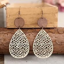 Natural Wooden Teardrop Earrings | Boho Hollow Design - Beige - View 2
