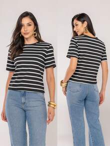 Women's Ribbed Striped Short-Sleeve Round Neck Blouse - Casual, Comfortable, Everyday Fashion - Màu đen với sọc trắng - Xem 2