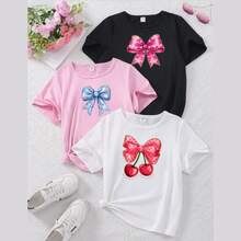 Set de 3 camisetas cortas de mujer de ajuste ceñido, de manga corta, cuello redondo, con estampado minimalista casual, aptas para el verano, con estampados de corazones y amor, moños - Blanco - Ver 3