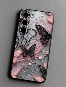 1pc Fashionable Creative Flower Heart Black Butterfly Anti-Drop Anti-Slip Black Phone Case Compatible With Galaxy A04e/A05s/A13/A14/A15/A34/A35/A50/A52/A53/A54/S21/S22/S23/S24/S25/S25Ultra, This Is 2D Image Not 3D Image - Black - View 5