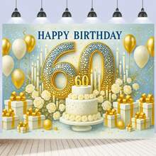 1pc 60th Birthday Party Theme Backdrop Banner With Three Tier White Cake, Roses And Candles, Gift Box Design, Suitable For Party Decoration, Holiday Decoration, Wedding, Birthday, Anniversary Decoration, Patio, Garden, Living Room Decoration - A - View 7